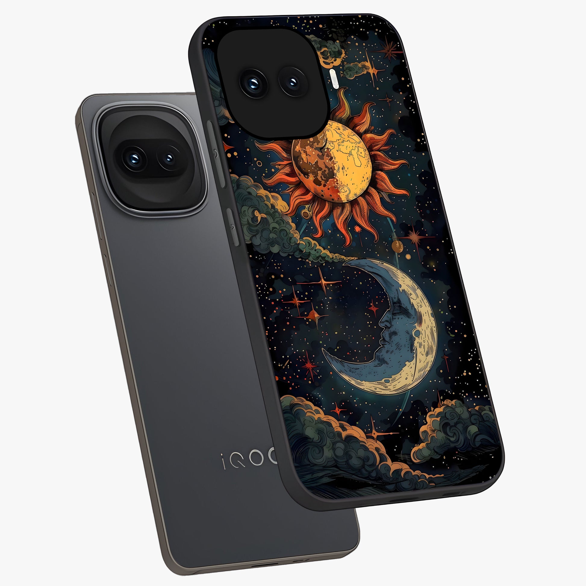 Sun And Moon Magic Design Glass Case displayed in angled mockup highlighting celestial design with magical cosmic aesthetic.