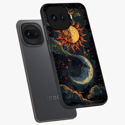 Sun And Moon Magic Design Glass Case displayed in angled mockup highlighting celestial design with magical cosmic aesthetic.