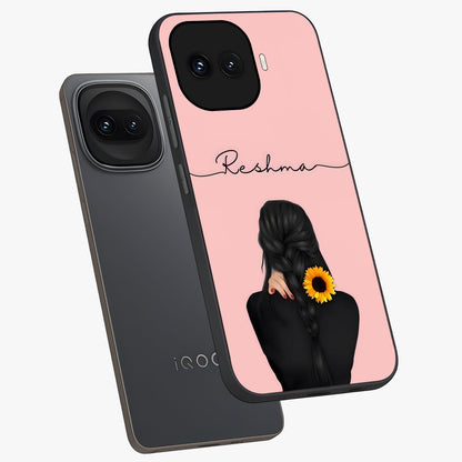 Sunflower Braid Beauty With Custom Name Glass Case displayed in angled mockup highlighting elegant sunflower design with custom name feature.