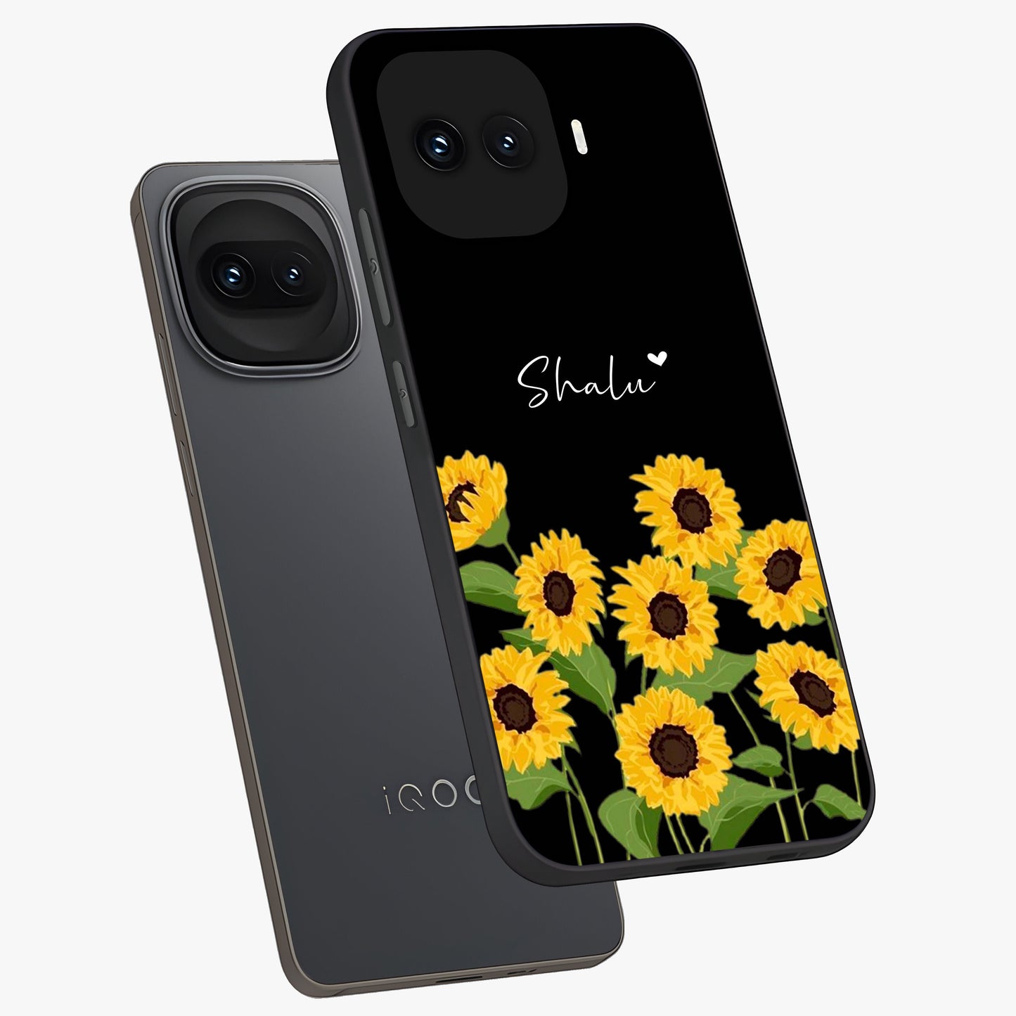 Sunflower Chic Mood Custom Name Glass Case displayed in angled mockup highlighting vibrant sunflower design with custom name feature.
