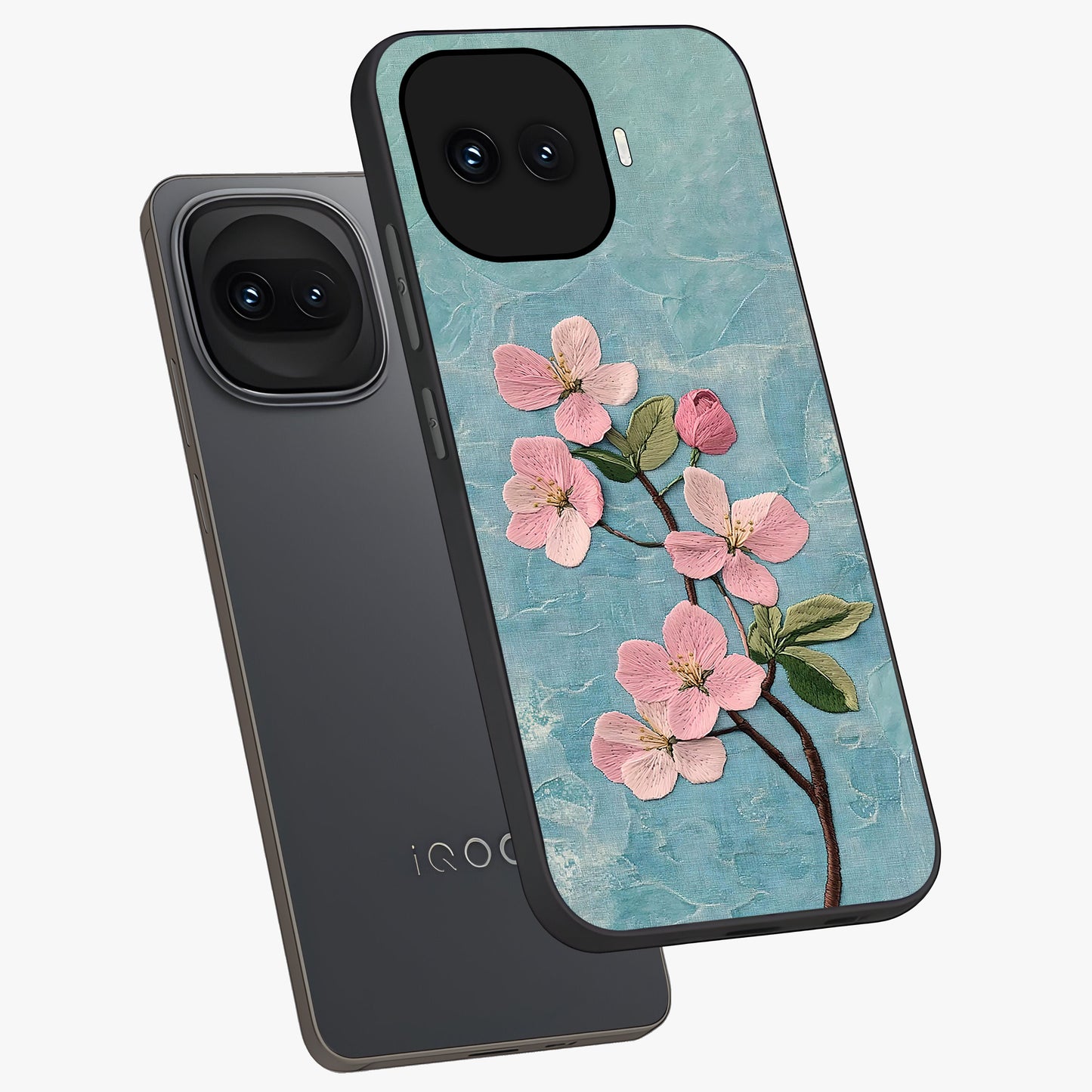 Threaded Blossom Breeze Glass Case displayed in angled mockup highlighting elegant floral design with soft aesthetic style.