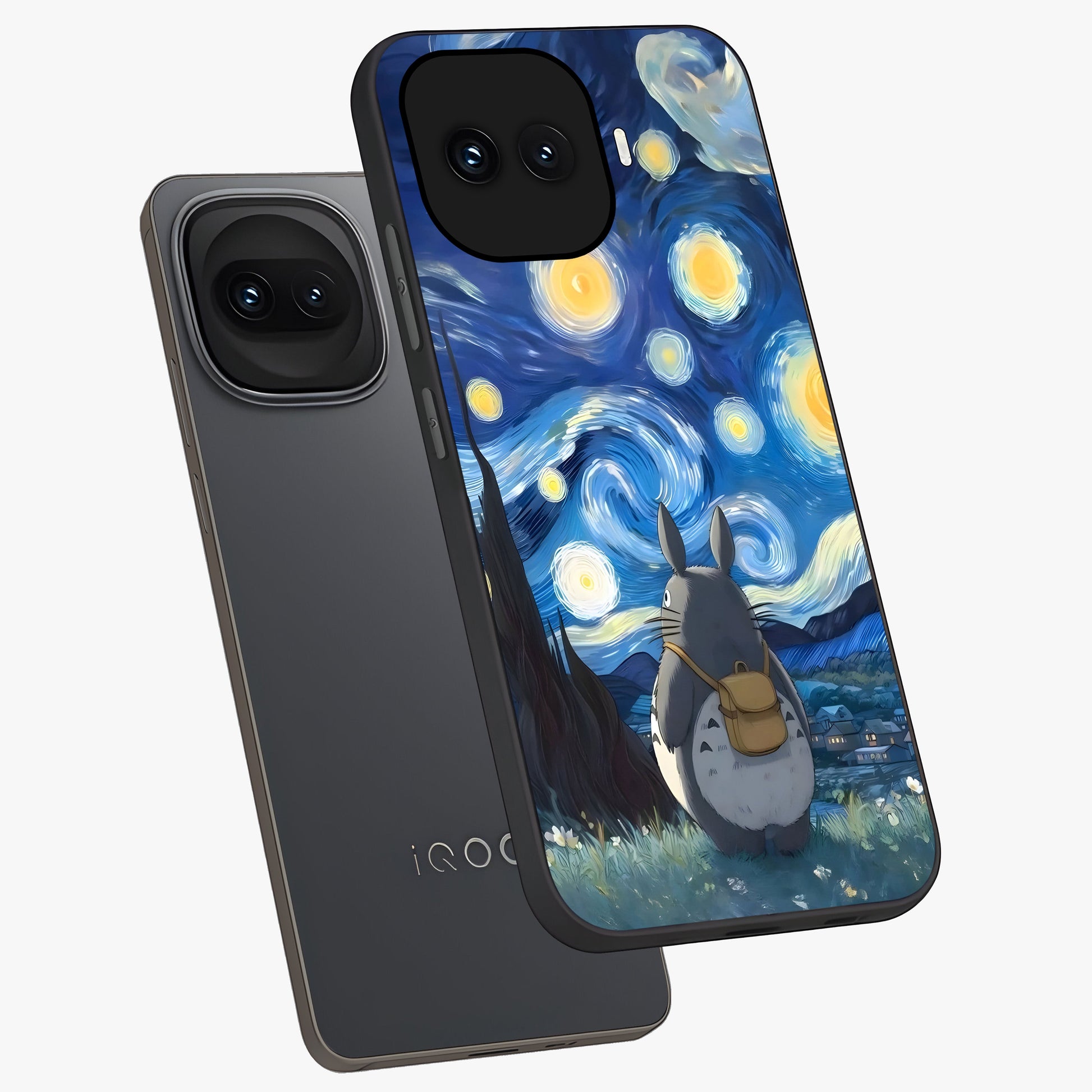 Totoro In Van Gogh Art Glass Case displayed in angled mockup highlighting artistic swirling sky design with playful animation aesthetic.