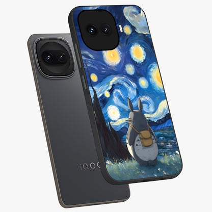 Totoro In Van Gogh Art Glass Case displayed in angled mockup highlighting artistic swirling sky design with playful animation aesthetic.
