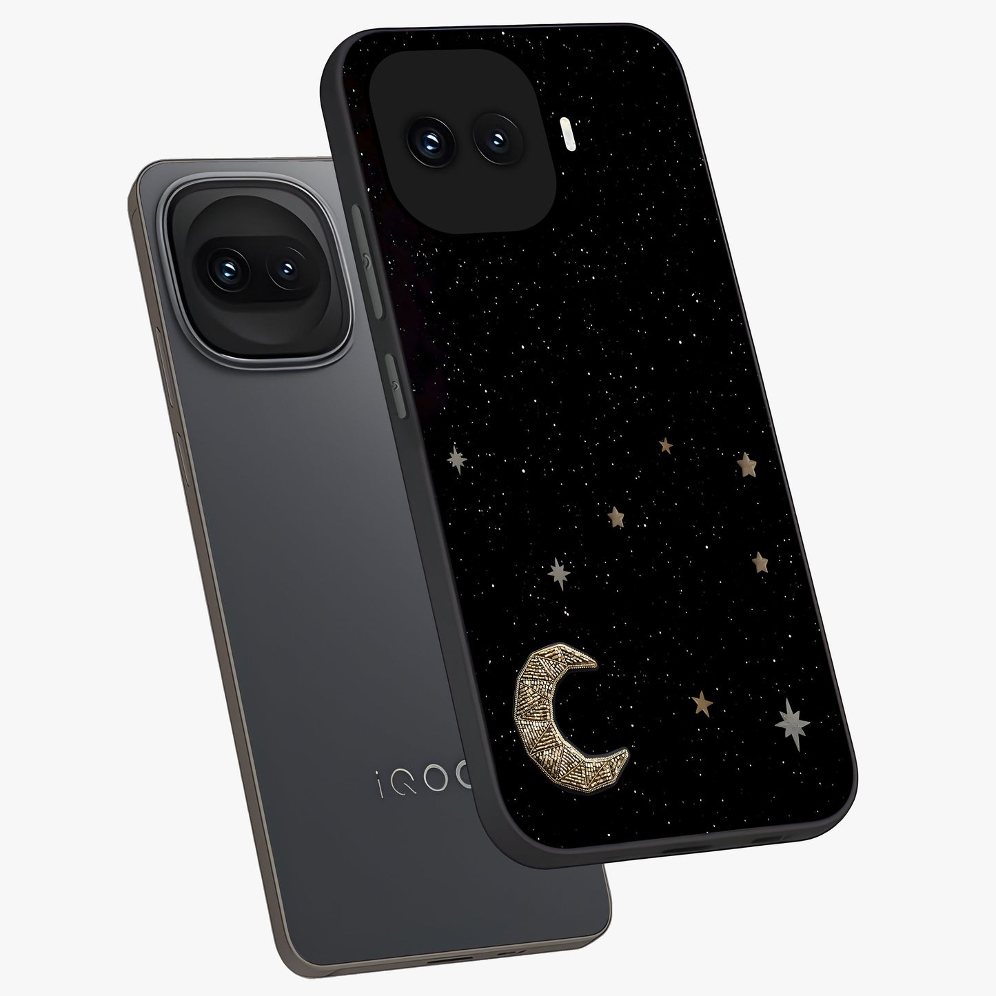 Twinkle Star With Half Moon Glass Case displayed in angled mockup highlighting celestial moon and star design with magical aesthetic.