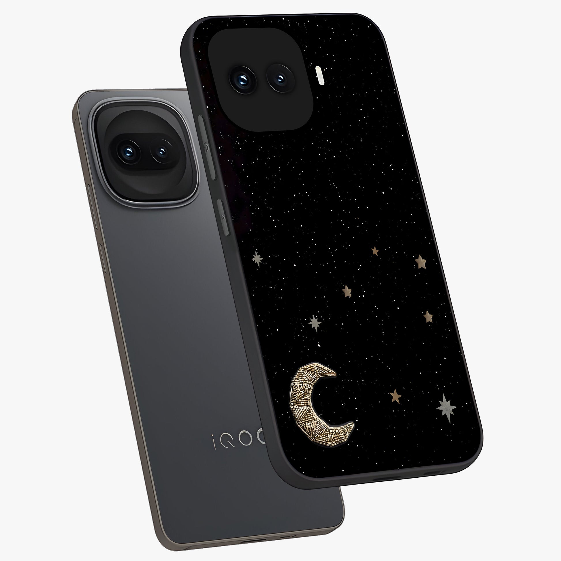 Twinkle Star With Half Moon Glass Case displayed in angled mockup highlighting celestial moon and star design with magical aesthetic.