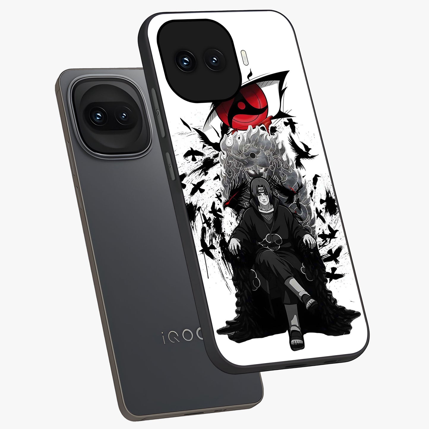Uchiha Shadow Throne Glass Case displayed in angled mockup highlighting glowing aquatic design with celestial aesthetic.