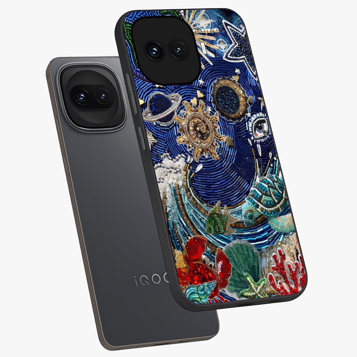 Universe Underwater Spark Glass Case displayed in angled mockup highlighting glowing aquatic design with celestial aesthetic.