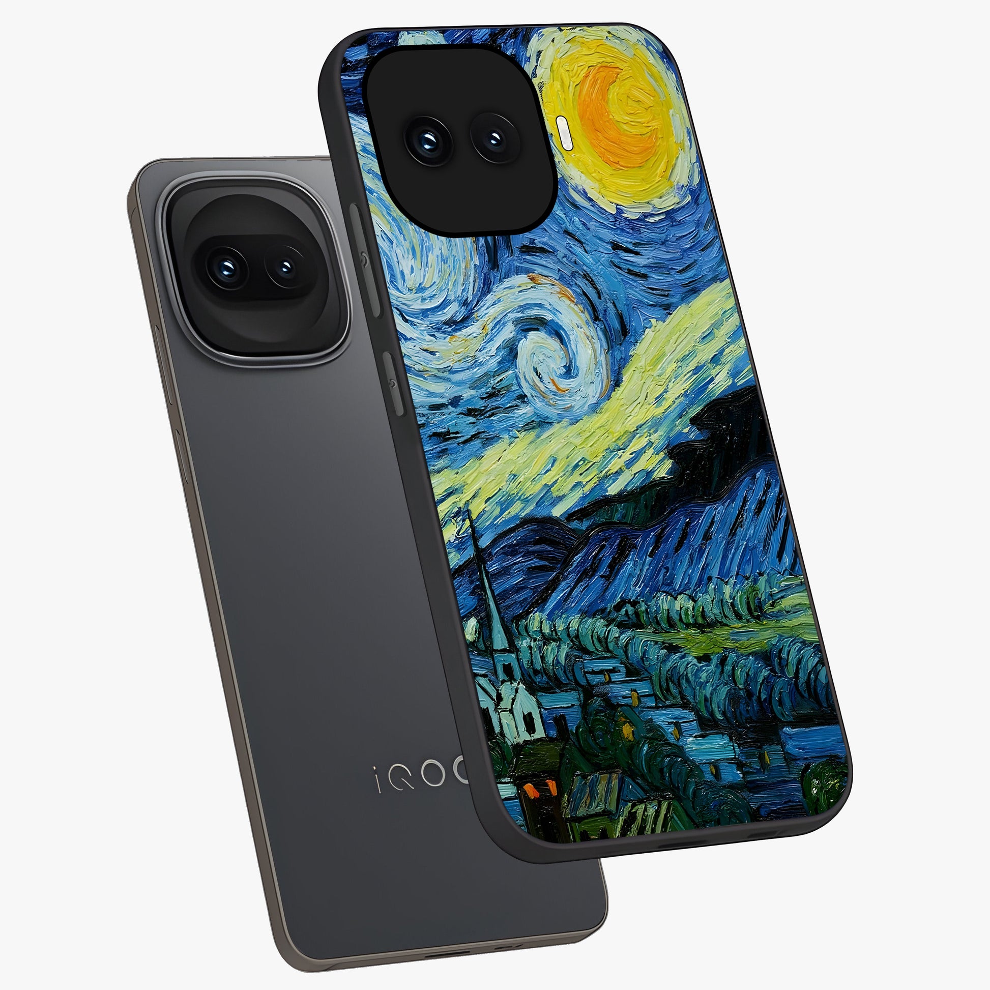 Van Gogh Art Glass Case displayed in angled mockup highlighting swirling brushstroke design with artistic aesthetic.