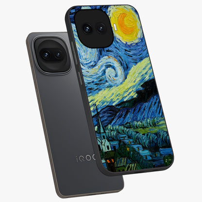 Van Gogh Art Glass Case displayed in angled mockup highlighting swirling brushstroke design with artistic aesthetic.