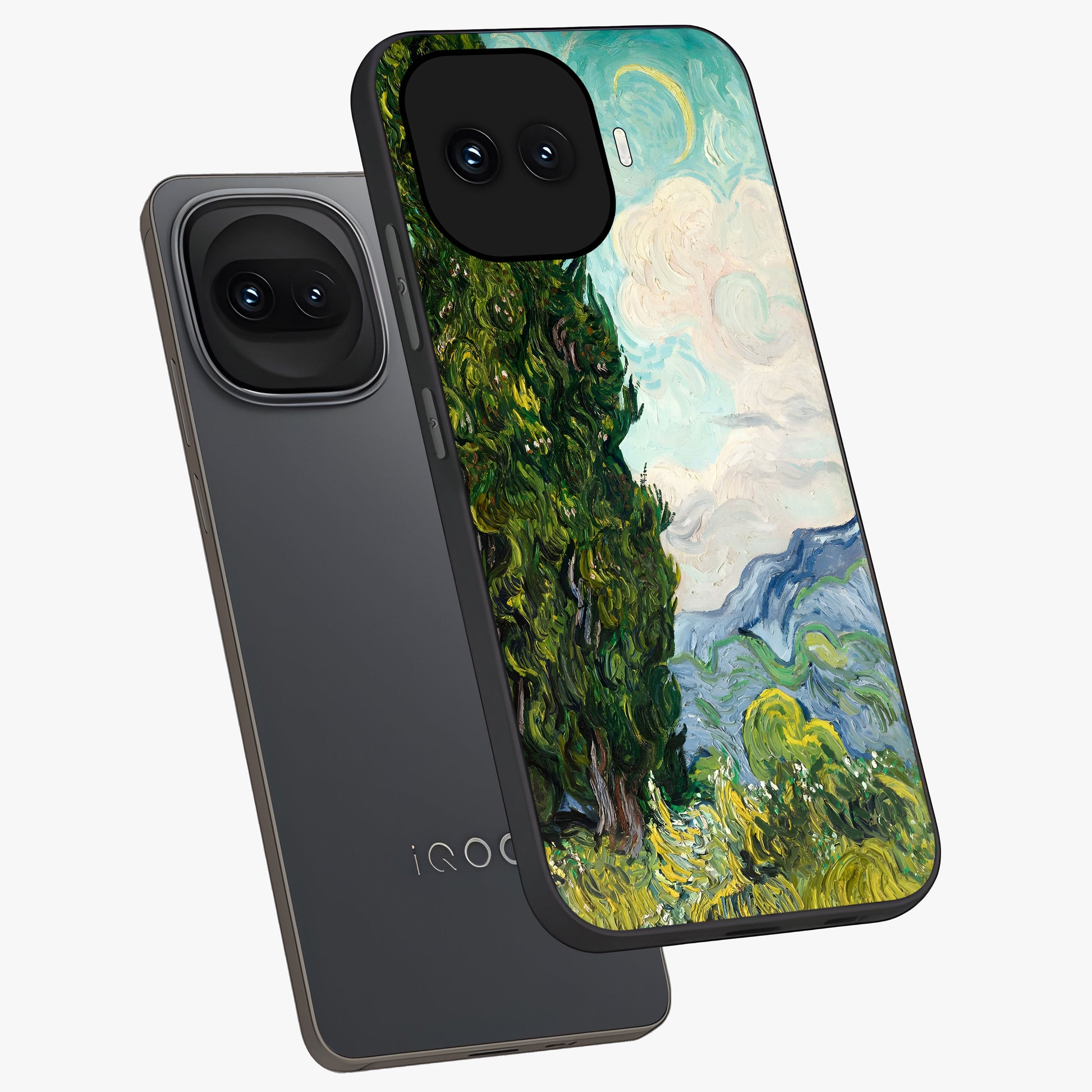 Van Gogh Vintage Art Glass Case displayed in angled mockup highlighting textured brushstroke design with classic aesthetic.