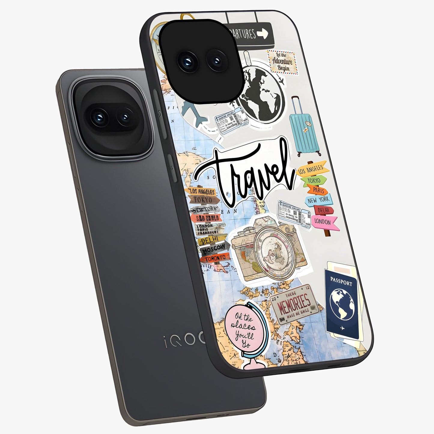 Wanderlust Journal Glass Case displayed in angled mockup highlighting adventure themed design with aesthetic travel vibe.
