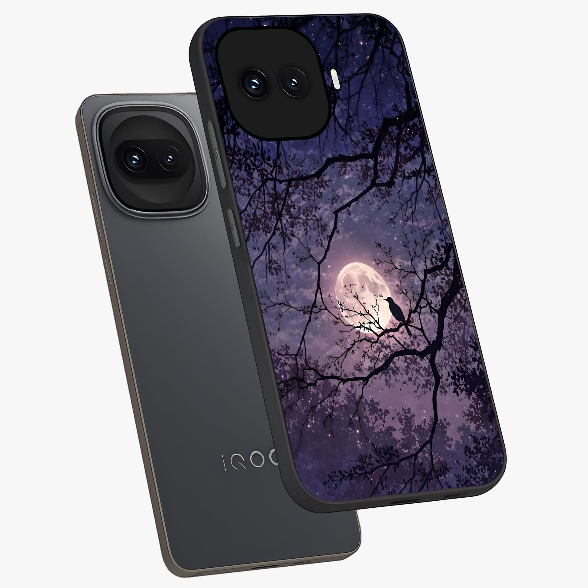 Whispering Moon Silence Glass Case displayed in angled mockup highlighting calm lunar design with dreamy night aesthetic.