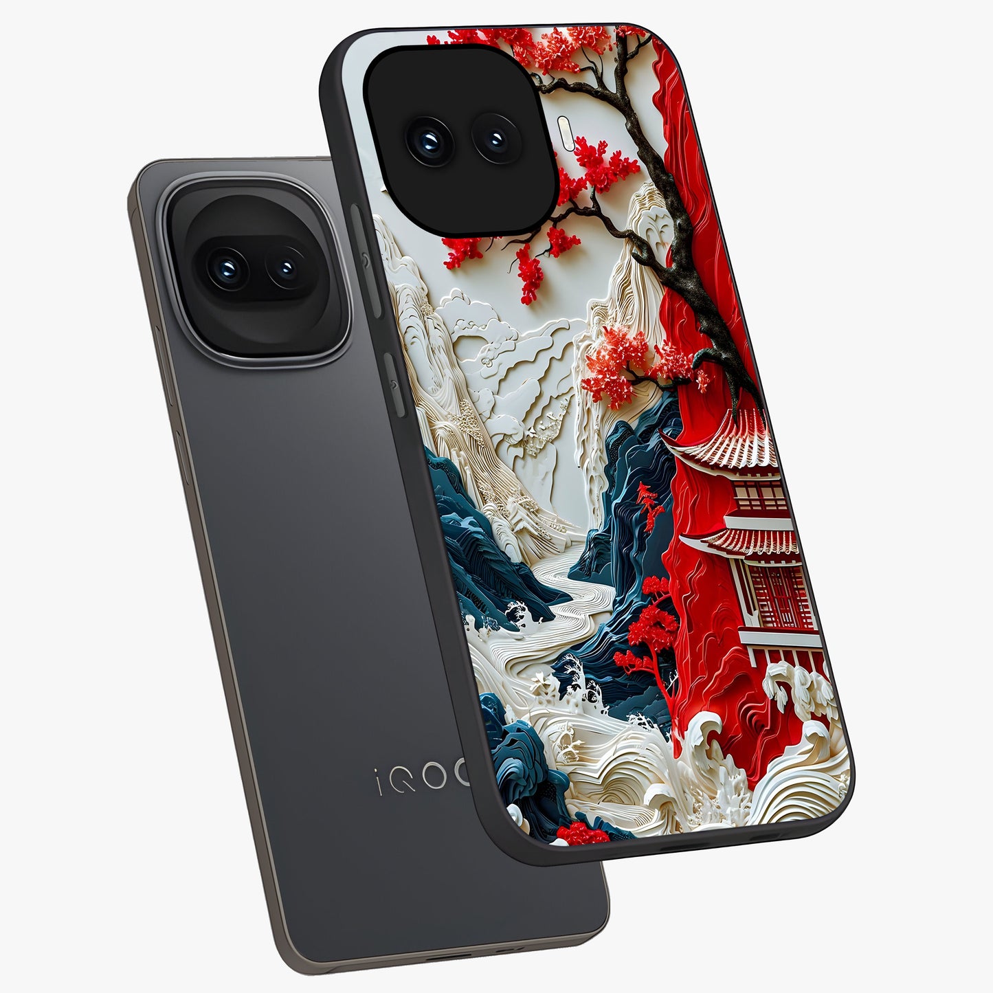 Whispers Of Sakura Waves Glass Case displayed in angled mockup highlighting flowing sakura design with soft floral aesthetic.