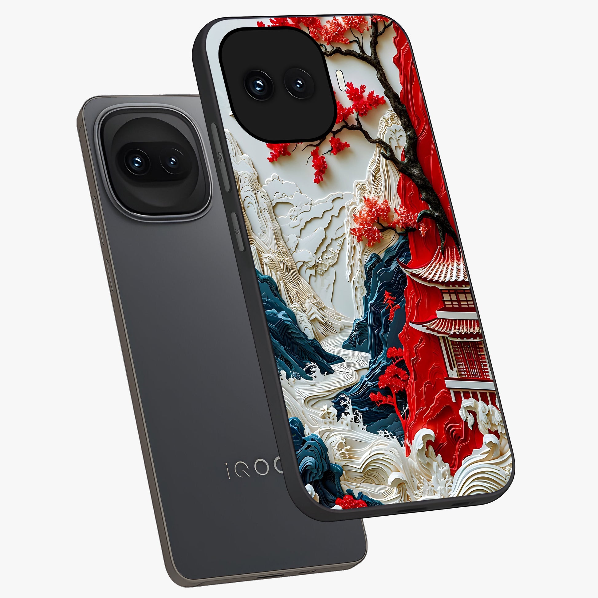Whispers Of Sakura Waves Glass Case displayed in angled mockup highlighting flowing sakura design with soft floral aesthetic.