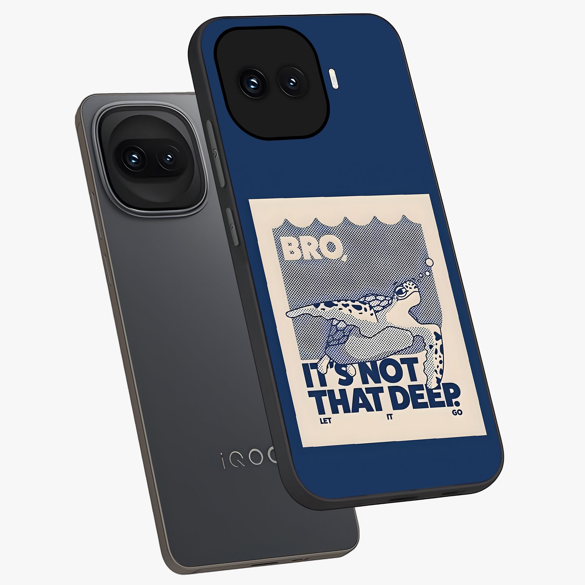 Worry Less Swim Glass Case displayed in angled mockup highlighting fun typography design with relaxed aesthetic style.