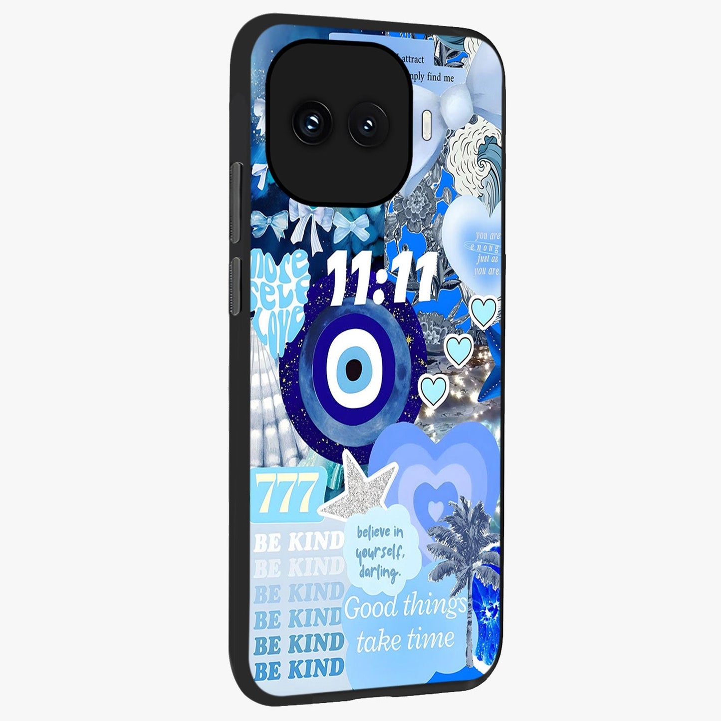 Aesthetic Be Kind Eye Glass Case upright view showcasing stylish eye illustration with positive message theme.