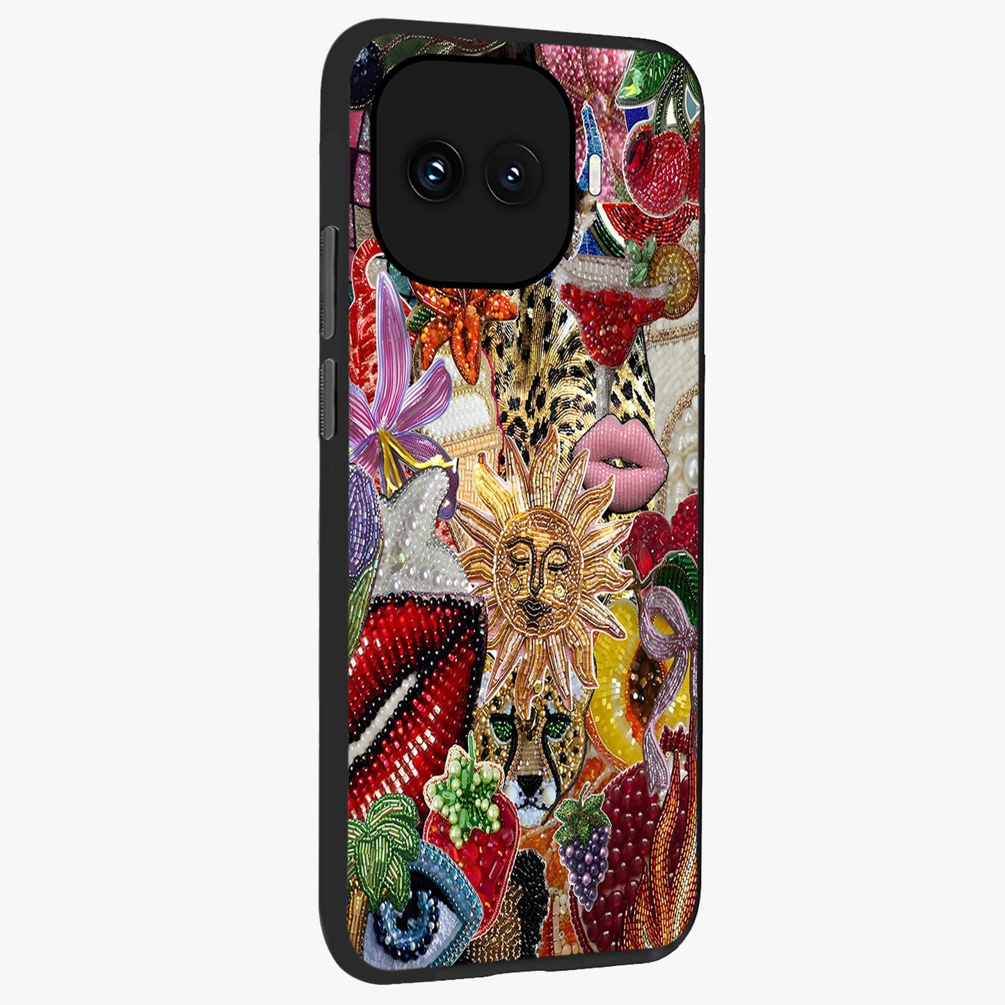 Beaded Fashion Jungle Glass Case upright view showcasing tropical jungle aesthetic with decorative bead elements.