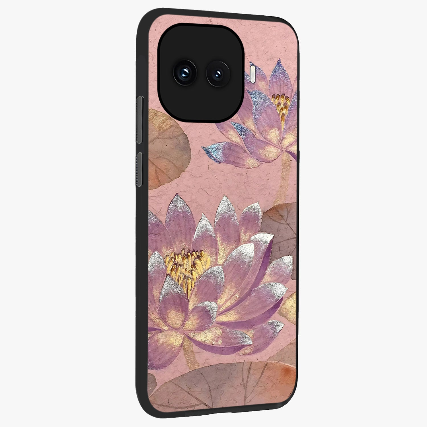 Blossom Mist Lotus Glass Case upright view showcasing graceful lotus flower design with peaceful botanical style.