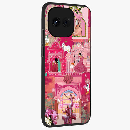 Blossoms of Rajasthan Glass Case upright view showcasing colorful floral design inspired by traditional Indian art.