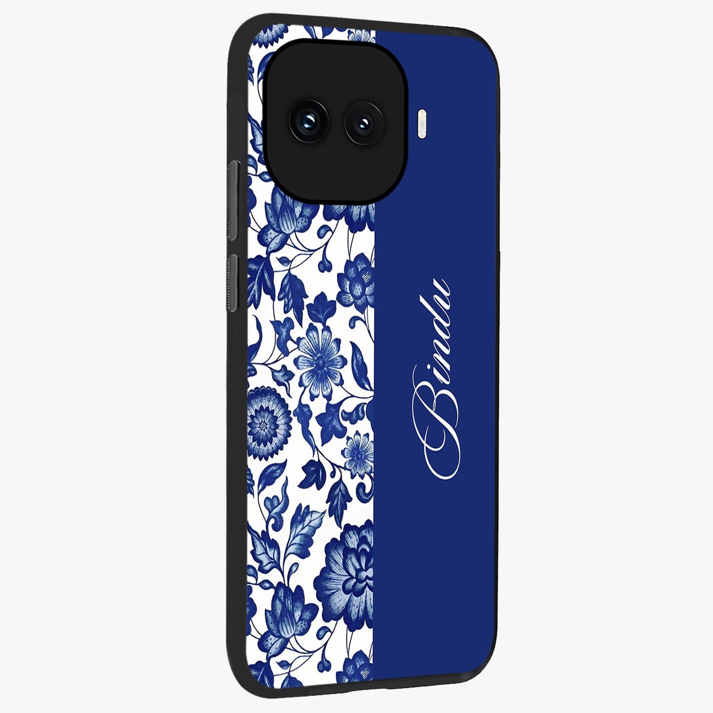 Blue Vintage Floral Pattern Glass Case upright view showcasing delicate blush floral texture with modern minimal style.
