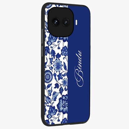 Blue Vintage Floral Pattern Glass Case upright view showcasing delicate blush floral texture with modern minimal style.