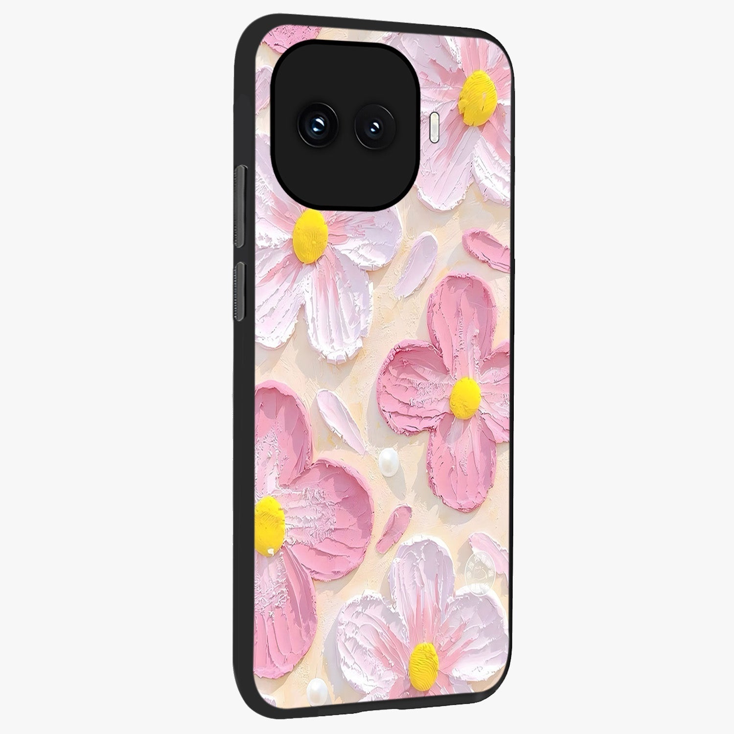 Blush Bloom Texture Glass Case upright view showcasing delicate blush floral texture with modern minimal style.