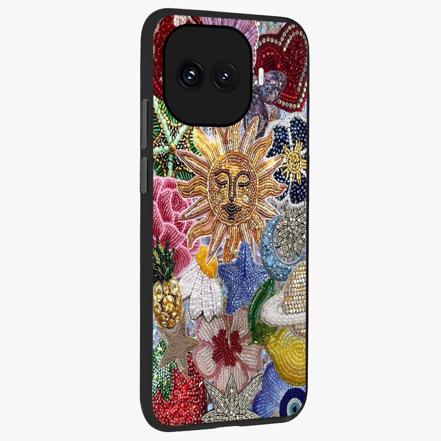 Celestial Floral and Playful Glass Case upright view showcasing whimsical floral artwork with cosmic aesthetic theme.