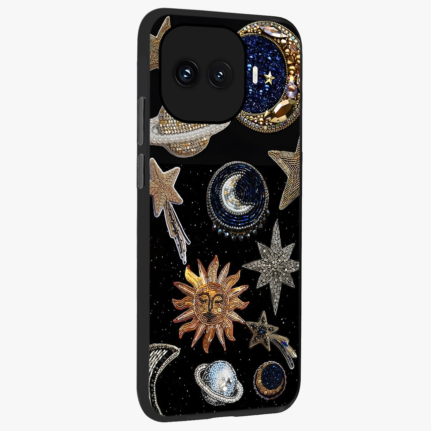 Celestial Gem Constellations Glass Case upright view showcasing cosmic constellation artwork with celestial aesthetic style.