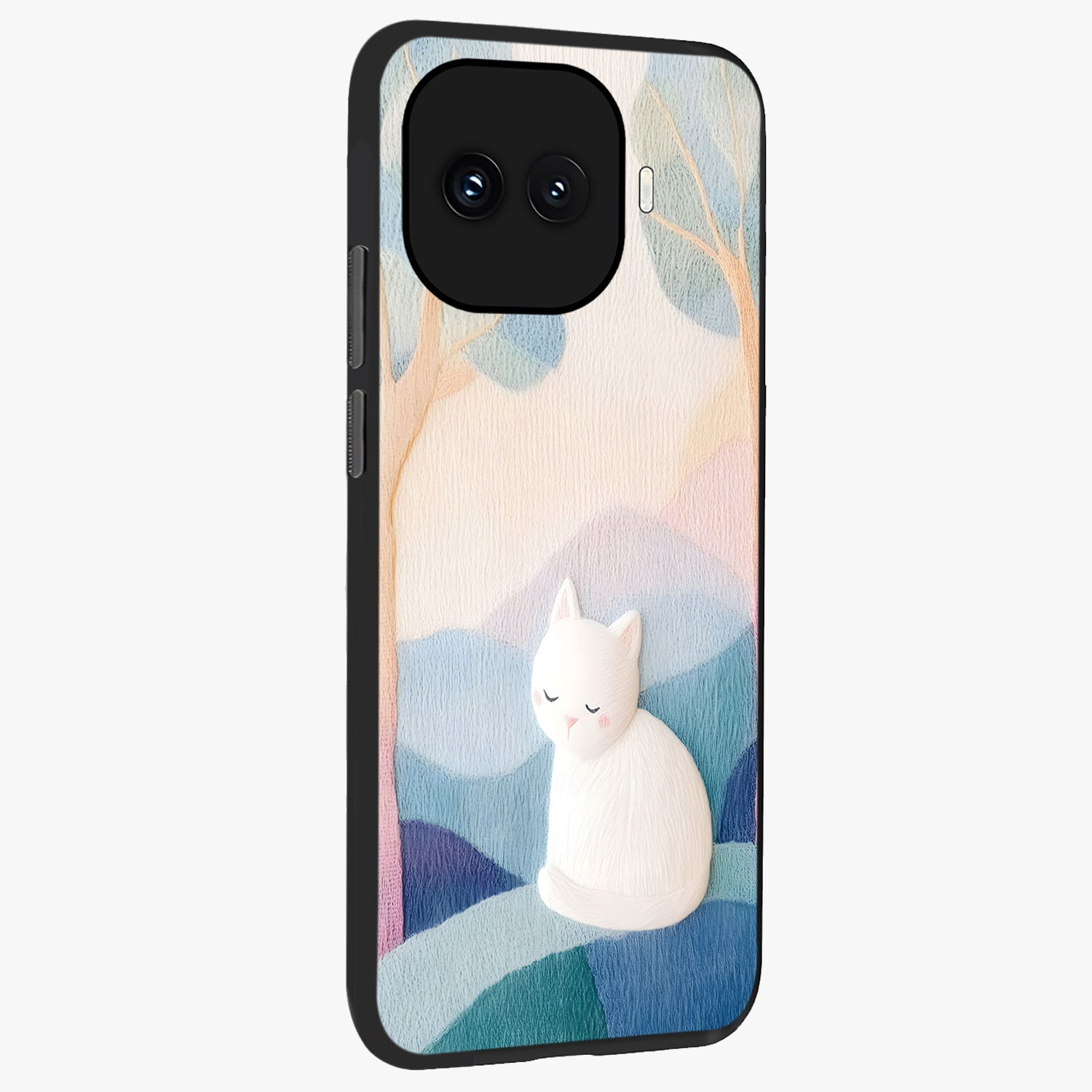 Cotton Dream Cat Glass Case upright view showcasing charming cat artwork with cozy dreamy theme.