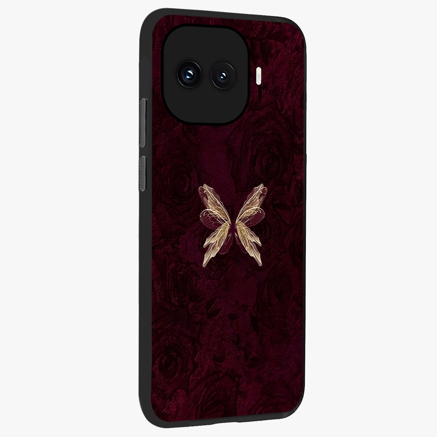 Crimson Fade Butterfly Glass Case upright view showcasing graceful butterfly artwork with soft crimson fade effect.