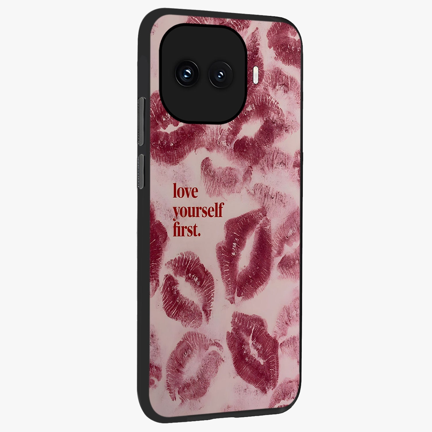 Crimson Kiss Love Glass Case upright view showcasing expressive romantic artwork with deep crimson theme.