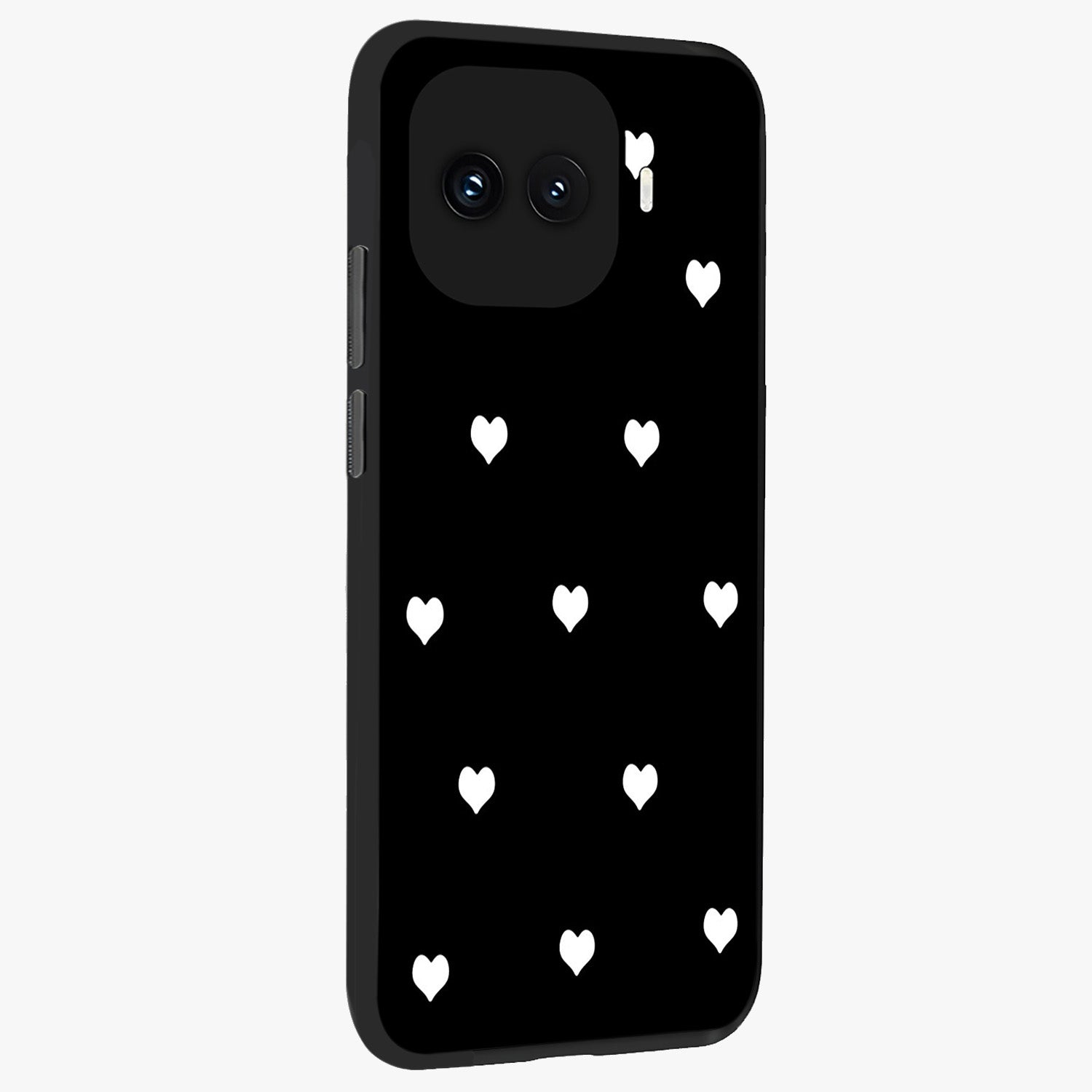 Cute And Simple White Hearts Glass Case upright view showcasing simple white hearts artwork with soft minimal theme.
