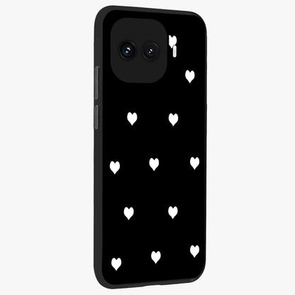 Cute And Simple White Hearts Glass Case upright view showcasing simple white hearts artwork with soft minimal theme.