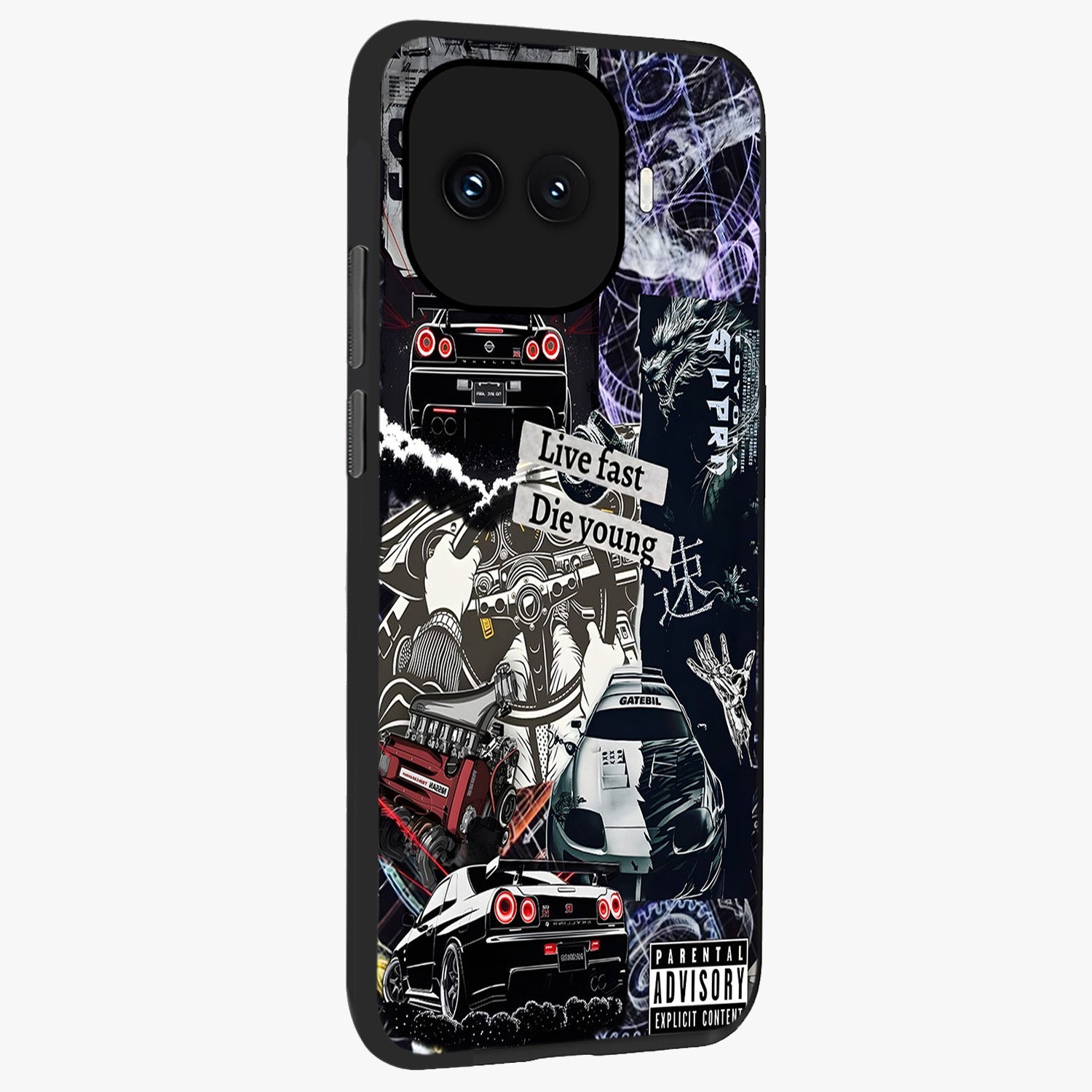 Die Young Glass Case upright view showcasing striking typography artwork with modern statement theme.
