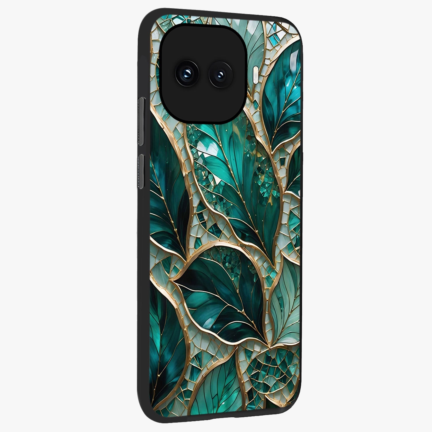 Emerald Leaf Glass Glass Case upright view showcasing fresh green leaf artwork with calming nature inspired style.