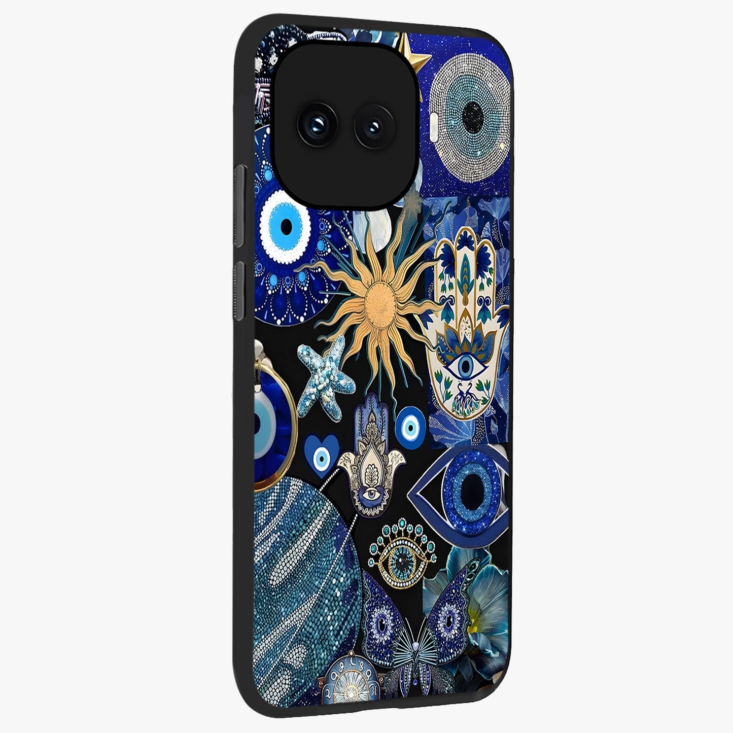 Evil Eye Charm Mix Glass Case upright view showcasing mystical evil eye pattern with vibrant decorative style.