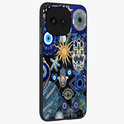 Evil Eye Charm Mix Glass Case upright view showcasing mystical evil eye pattern with vibrant decorative style.