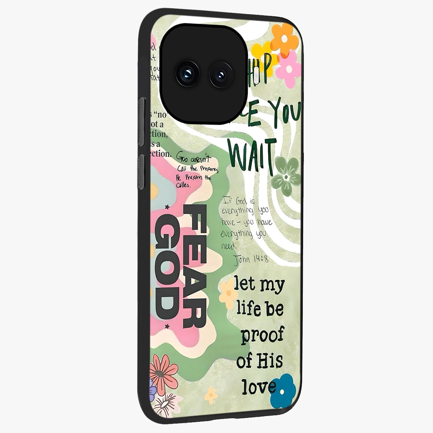 Faith Over Fear Glass Case upright view showcasing bold typography artwork with uplifting motivational theme.