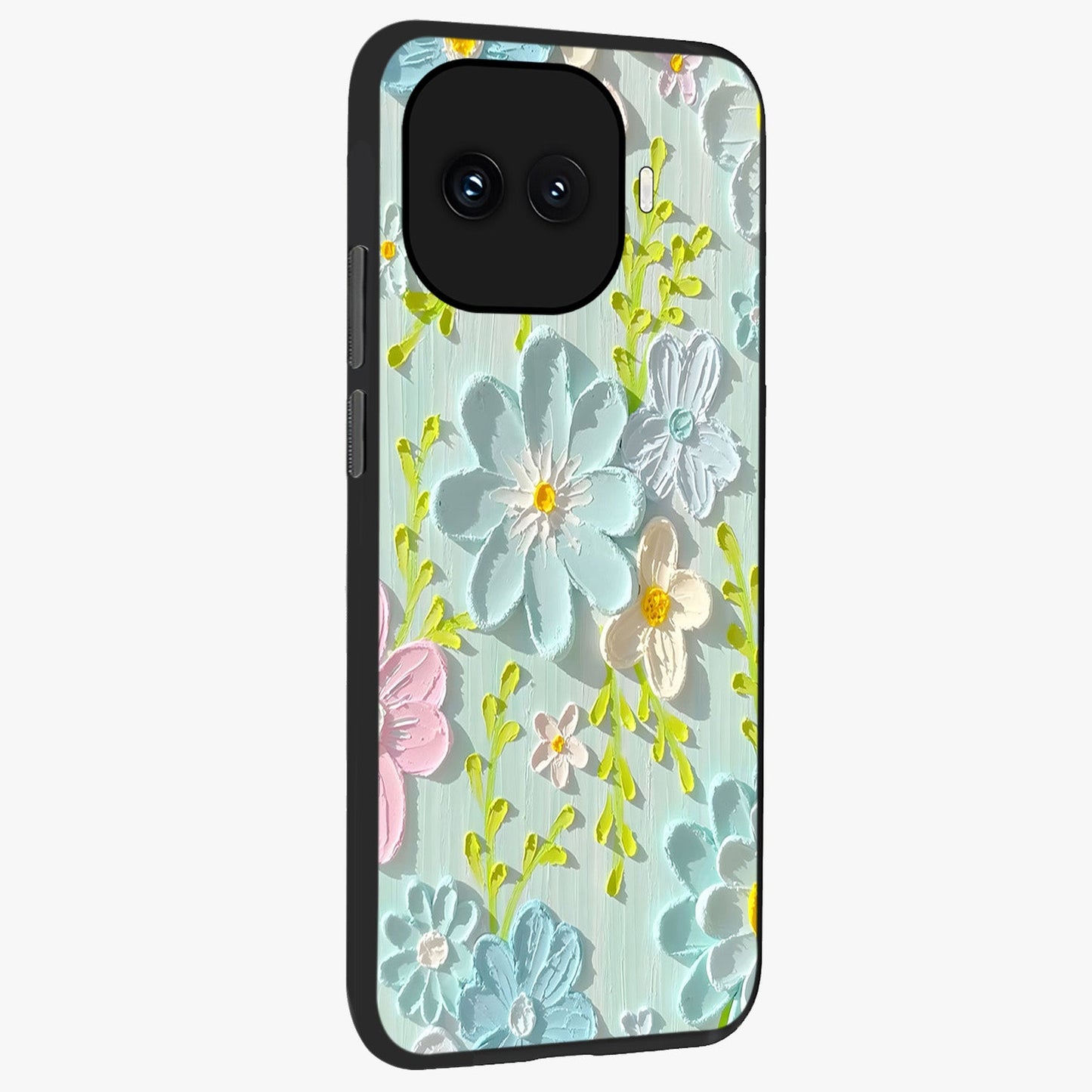 Frosted Petal Garden Glass Case upright view showcasing elegant floral garden artwork with soothing pastel theme.