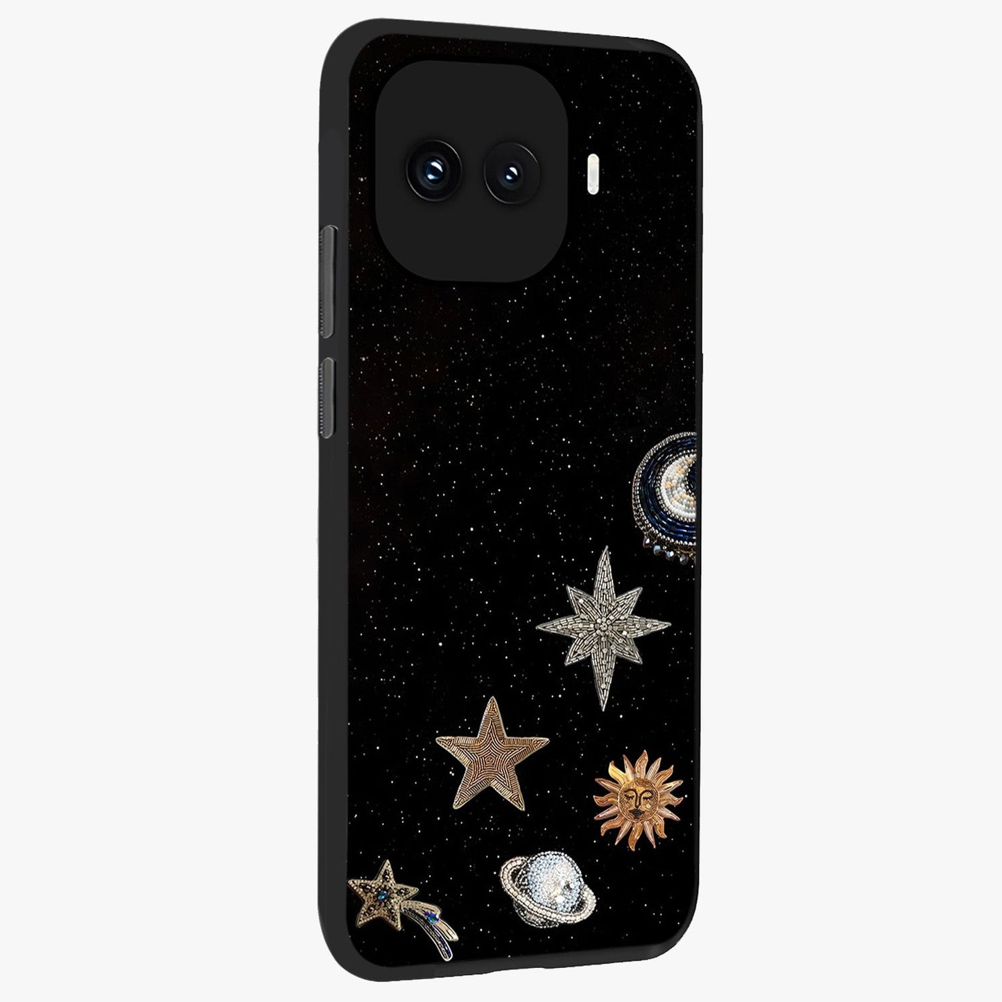Galactic Charm Glow Glass Case upright view showcasing glowing cosmic charm artwork with magical celestial style.