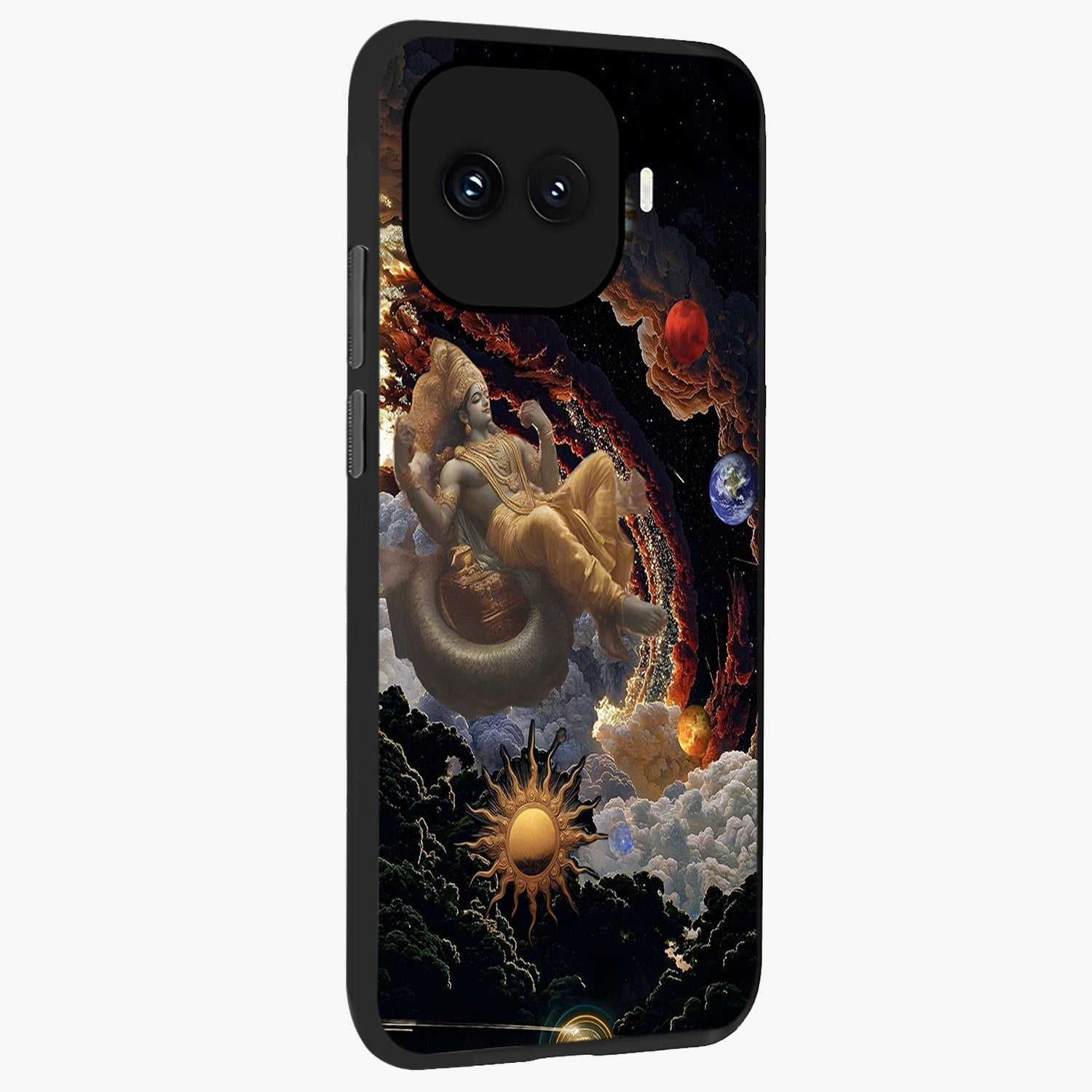 Galactic Divine God Glass Case upright view showcasing mystical divine artwork with dramatic cosmic theme.