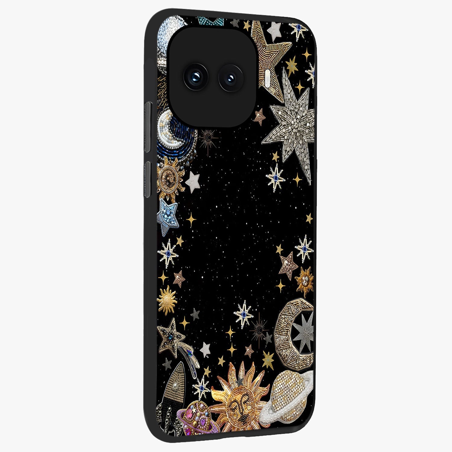 Galactic Jewel Stars Glass Case upright view showcasing glittering star jewel artwork with vibrant galaxy theme.