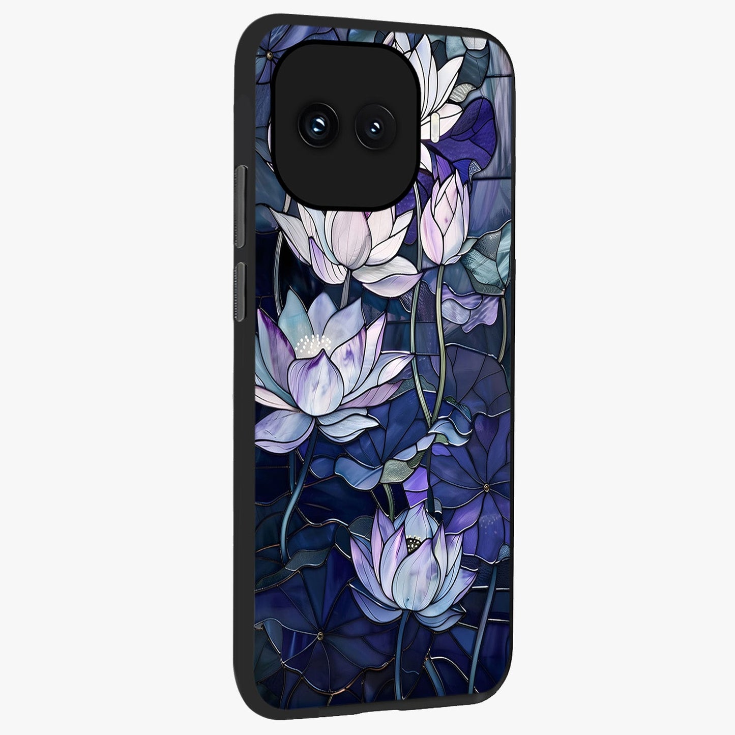 Gloss Petal Rush Glass Case upright view showcasing dynamic floral petal artwork with modern botanical theme.
