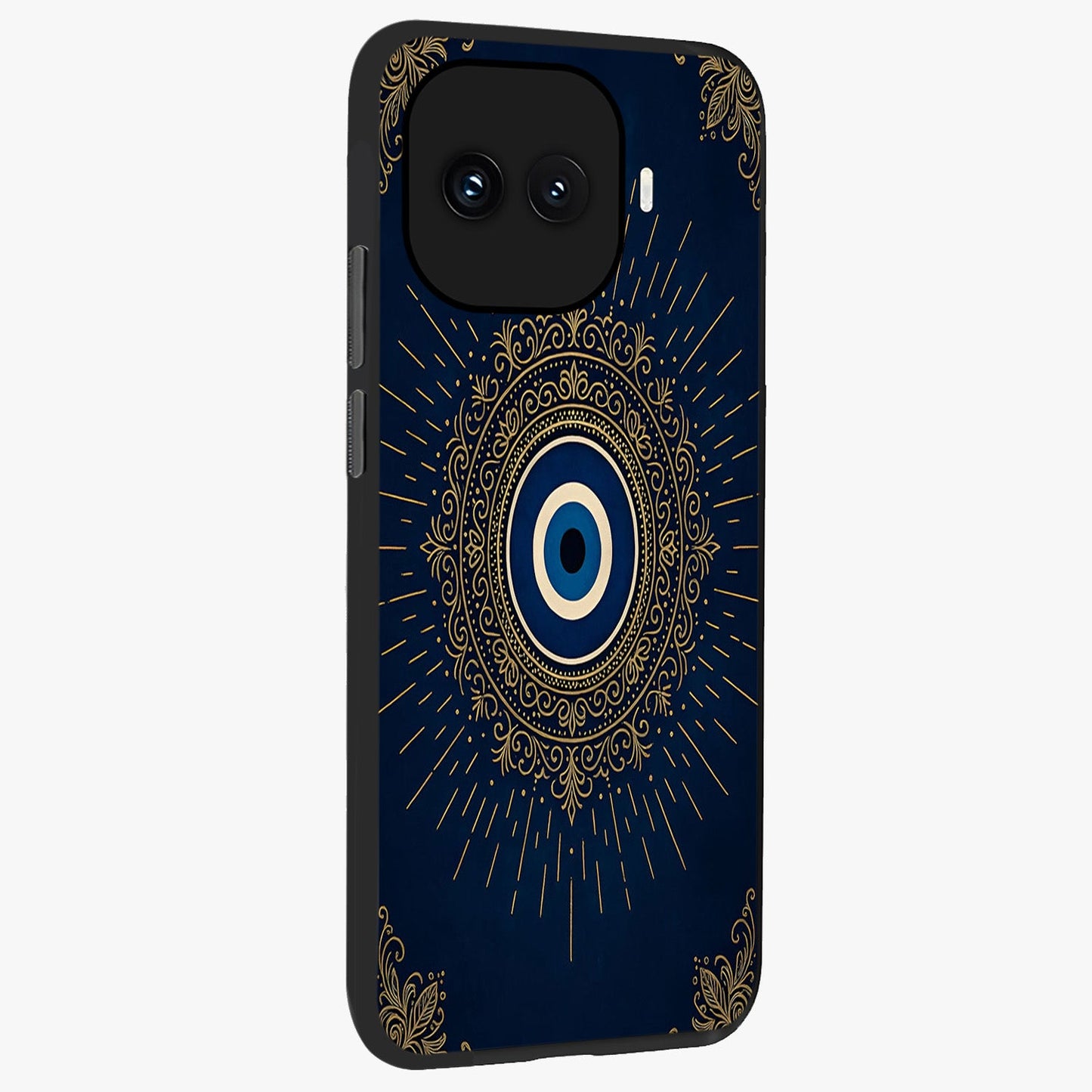 Golden Celestial Charm Glass Case upright view showcasing radiant celestial artwork with elegant golden theme.