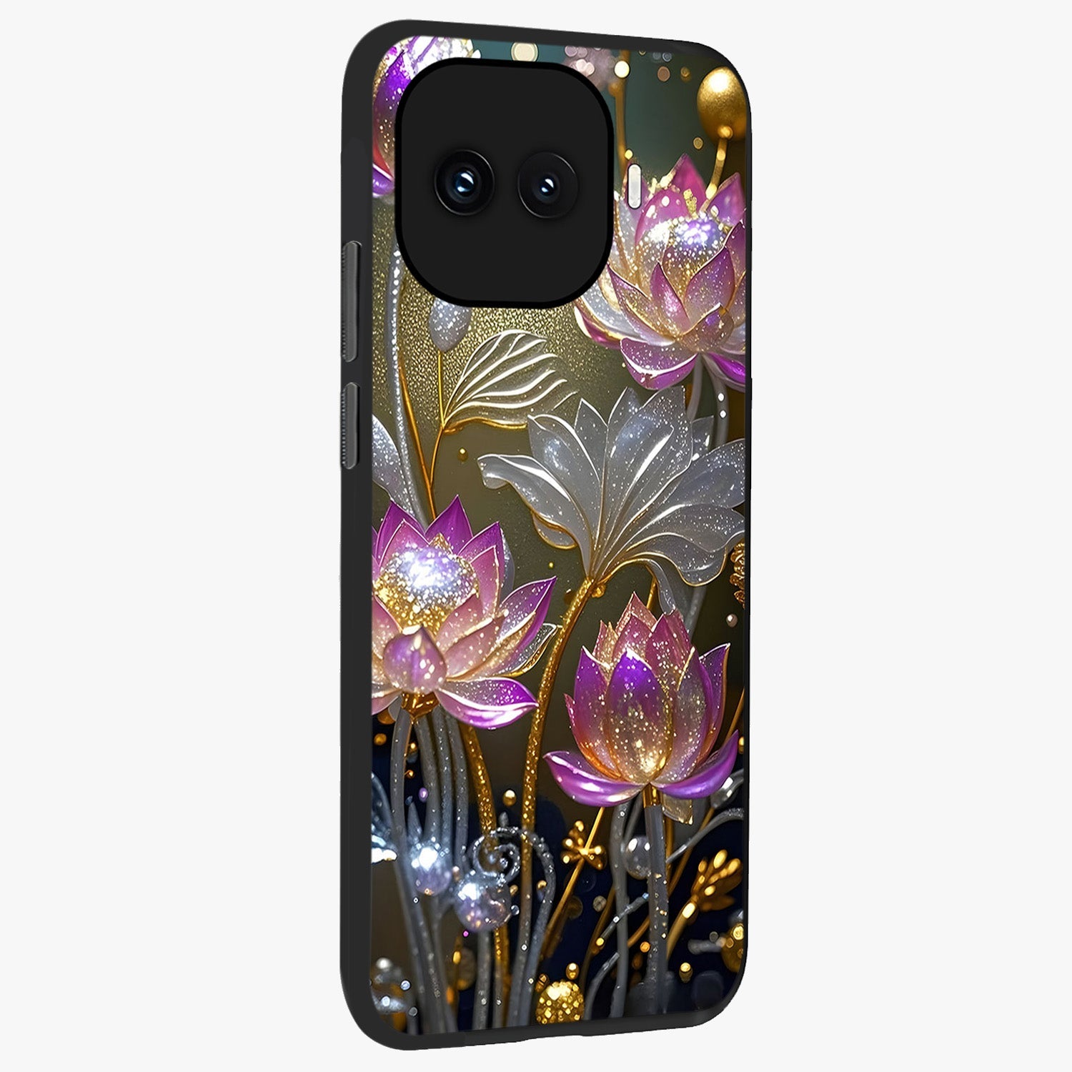 Golden Floral Majesty Glass Case upright view showcasing majestic floral artwork with rich decorative theme.