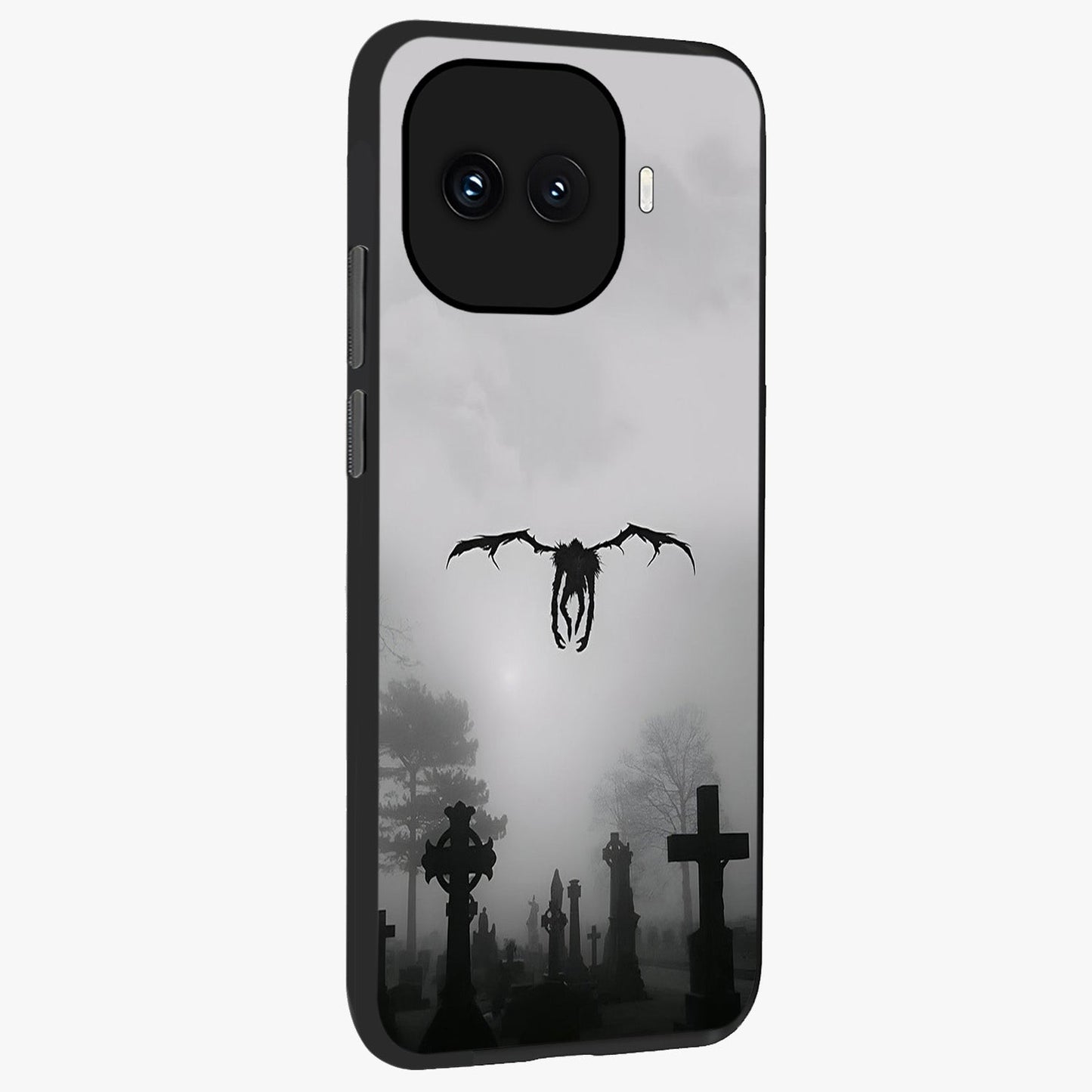 Graveyard Shadow Descent Glass Case upright view showcasing haunting graveyard artwork with dramatic dark theme.