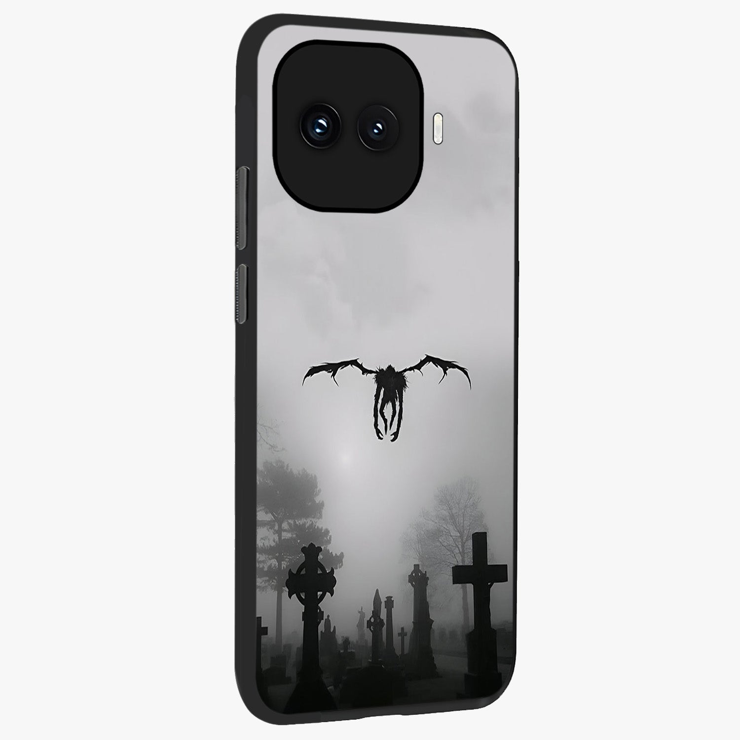 Graveyard Shadow Descent Glass Case upright view showcasing haunting graveyard artwork with dramatic dark theme.