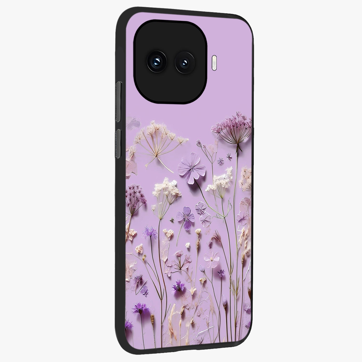 Lavender Blossom Dream Glass Case upright view showcasing delicate lavender blossom artwork with peaceful floral theme.