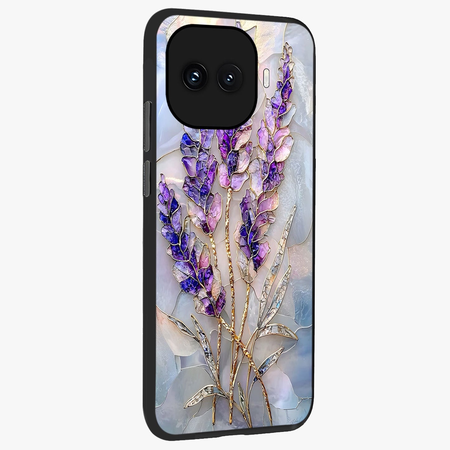 Lavender Dream Glow Glass Case upright view showcasing radiant lavender glow artwork with calming dreamy theme.