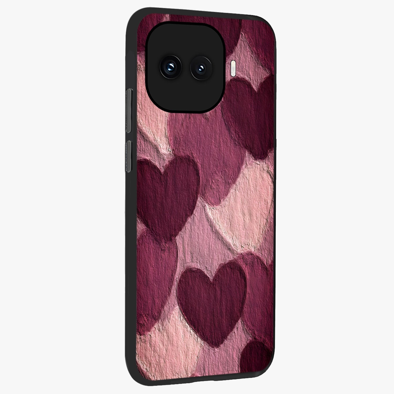 Layered Paper Hearts Glass Case upright view showcasing decorative layered heart artwork with sweet love theme.